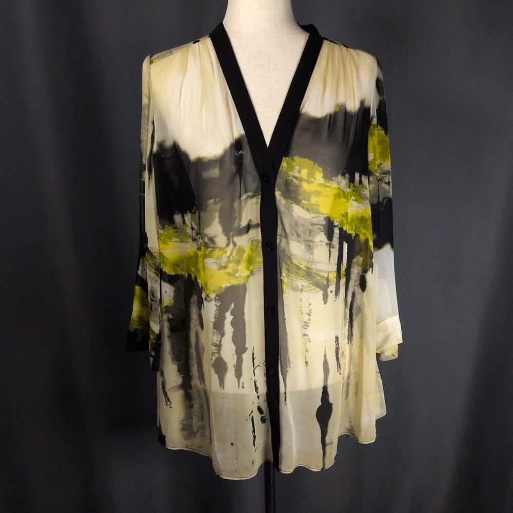 Alice + Olivia 100% Silk Sheer Button Blouse Black Yellow Long Sleeve Top